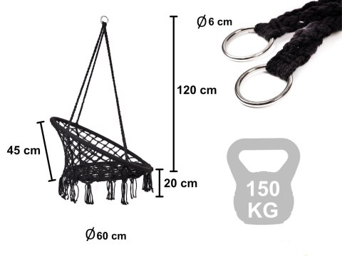 Huśtawka fotel bocianie gniazdo z oparciem czarna 80cm 150kg Huśtawka fotel bocianie gniazdo z oparciem czarna 80cm 150kg