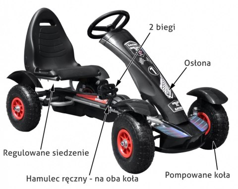 Gokart na pedały Racing XL dla dzieci 3+ Czarny + Pompowane koła + Regulacja fotela + Wolny bieg Gokart na pedały Racing XL dla dzieci 3+ Czarny + Pompowane koła + Regulacja fotela + Wolny bieg