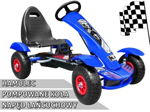 Gokart na pedały Racing XL dla dzieci 3+ Niebieski + Pompowane koła + Regulacja fotela + Wolny bieg Gokart na pedały Racing XL dla dzieci 3+ Niebieski + Pompowane koła + Regulacja fotela + Wolny bieg