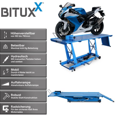 Podnośnik nożycowy motocyklowy Hydrauliczny z pompką nożną 464 kg Bitux Podnośnik nożycowy motocyklowy Hydrauliczny z pompką nożną 464 kg Bitux