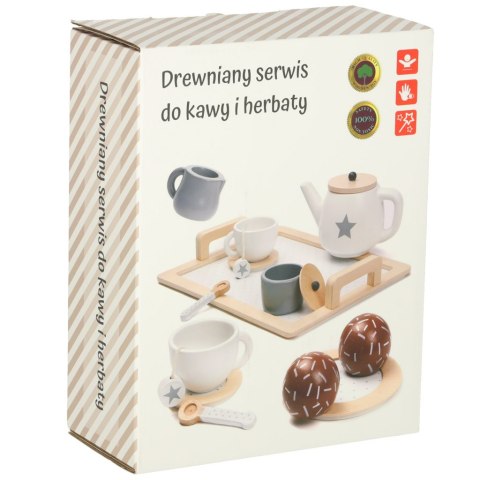 SERWIS KAWOWY DREWNIANY NACZYNIA DLA DZIECI ZESTAW KUCHENNY DO HERBATY TACA FILIŻANKI