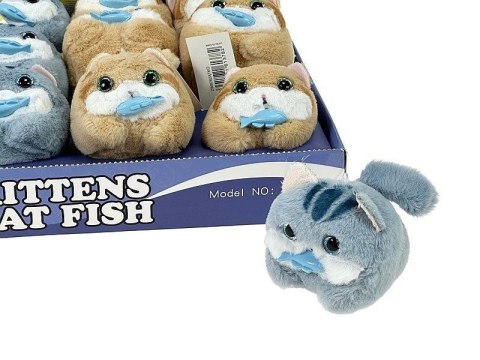 Kotek z rybą machający ogonem pluszowy 13cm MIX