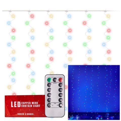 LAMPKI LED KURTYNA GIRLANDA DRUCIKI 3X3M 300LED MULTIKOLOR PILOT USB