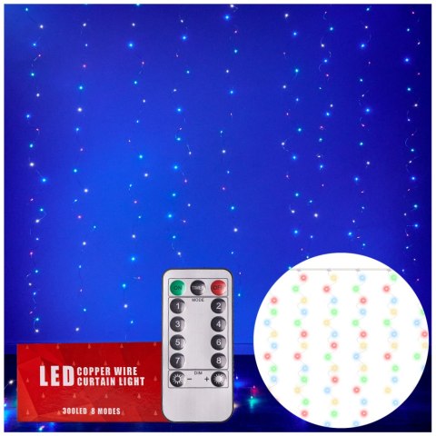 LAMPKI LED KURTYNA GIRLANDA DRUCIKI 3X3M 300LED MULTIKOLOR PILOT USB