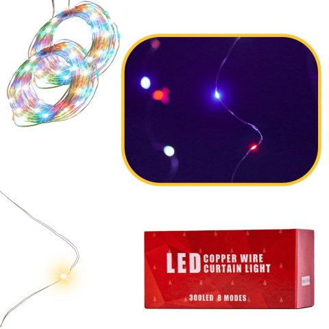 LAMPKI LED KURTYNA GIRLANDA DRUCIKI 3X3M 300LED MULTIKOLOR PILOT USB