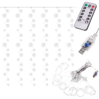 LAMPKI LED KURTYNA GIRLANDA DRUCIKI 3X3M 300LED ZIMNY BIAŁY PILOT USB