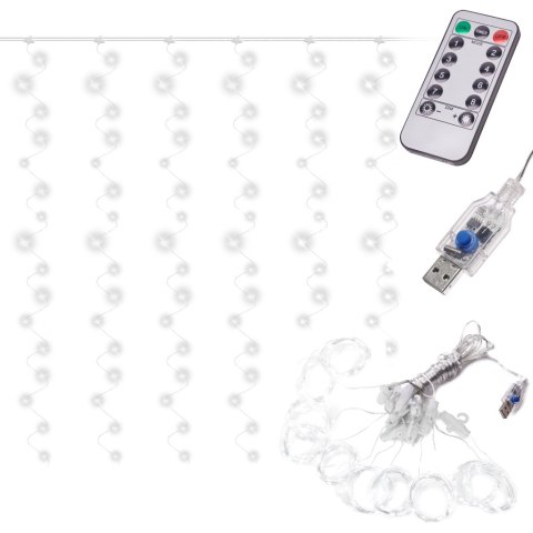 LAMPKI LED KURTYNA GIRLANDA DRUCIKI 3X3M 300LED ZIMNY BIAŁY PILOT USB