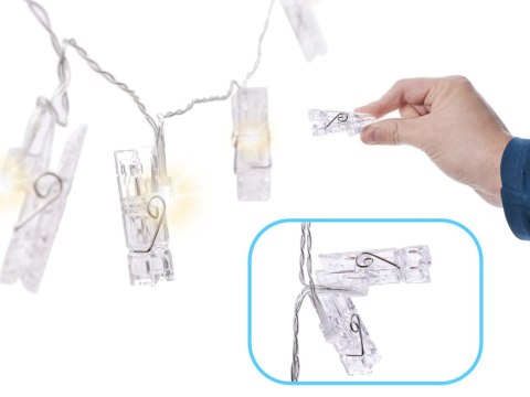 LAMPKI LED KLAMERKI KLIPSY SPINACZE NA ZDJĘCIA 1,5M 10LED CIEPŁY BIAŁY NA BATERIE