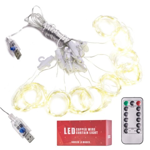 LAMPKI LED KURTYNA GIRLANDA DRUCIKI 3X3M 300LED CIEPŁY BIAŁY PILOT USB