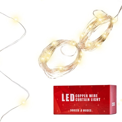 LAMPKI LED KURTYNA GIRLANDA DRUCIKI 3X3M 300LED CIEPŁY BIAŁY PILOT USB