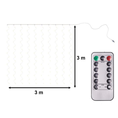 LAMPKI LED KURTYNA GIRLANDA DRUCIKI 3X3M 300LED CIEPŁY BIAŁY PILOT USB