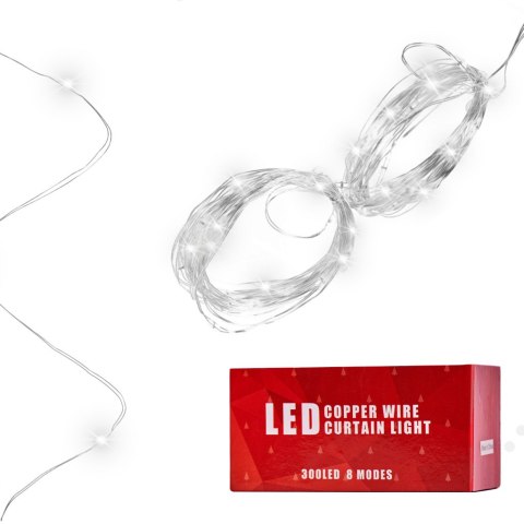 LAMPKI LED KURTYNA GIRLANDA DRUCIKI 3X3M 300LED ZIMNY BIAŁY PILOT USB